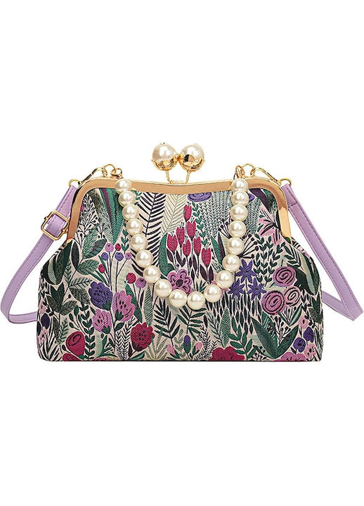 OEM - Geanta dama broderie florala retro  manere perla  alb  26x7x18cm 12 rate cu 0% dobândă