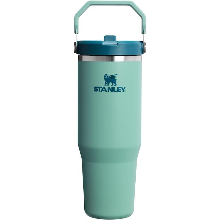 Pahar izoterm Stanley IceFlow 2.0 Flip Straw  otel inoxidabil dublu perete  capac flip‑straw si maner pliabil  verde deschis/albastru inchis  30 oz