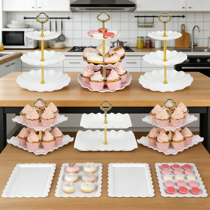 Tiered Stand, Tiered Platter, 3 Tiers, Ten-piece Set, Large Capacity Design, For Cakes, Pastries, Height 35cm, White