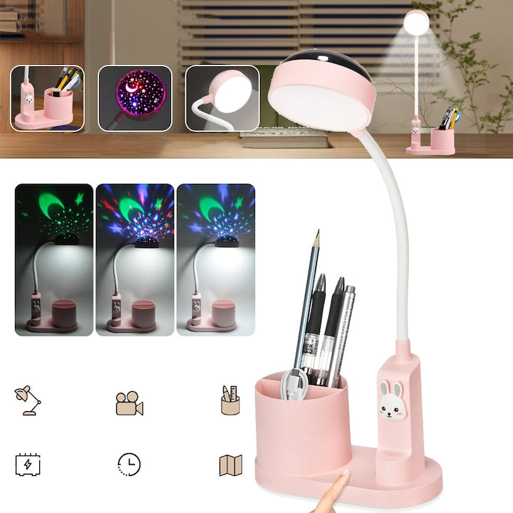 Lampa De Noptiera Roz Pentru Copii In Forma De Iepure  Cu Proiector De Stele/3 Niveluri De Luminozitate/Suport Pentru Pix  Lampa De Birou LED Reincarcabila De 2000mAh  Lampa De Citit Pentru Dormitor