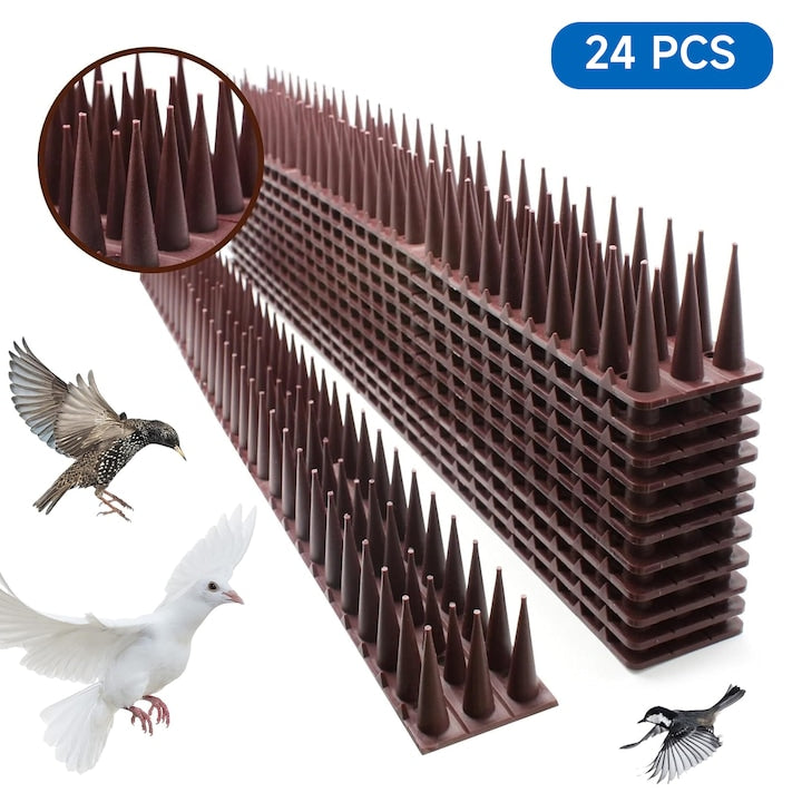 Anti-bird spikes, bird and pigeon spikes, hard plastic spikes, set of 24 plastic spikes, anti-bird spikes, anti-sparrow spikes, anti-swallow spikes, anti-pigeon spikes, anti-crow spikes, anti-cat spikes, plastic, 43X4X3.5cm 5M, brown
