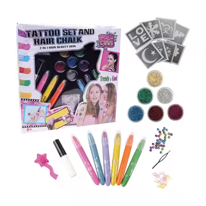 Tatuaj temporar cu sclipici pentru copii  Simply Joy  Kit de tatuaje cu sclipici si creioane pentru colorat parul  Multicolor