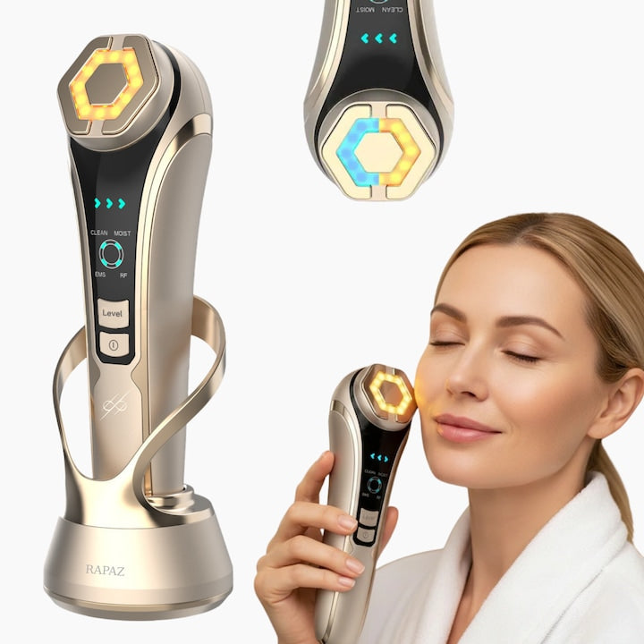 Aparat profesional pentru tratament facial si intinerirea pielii 6 in 1  Rapaz  Tehnologie RF  EMS (microcurenti)  Fototerapie rosu si albastru  Curatare ionica  Mezoterapie  Lifting si anti-rid  Masaj facial  Auriu