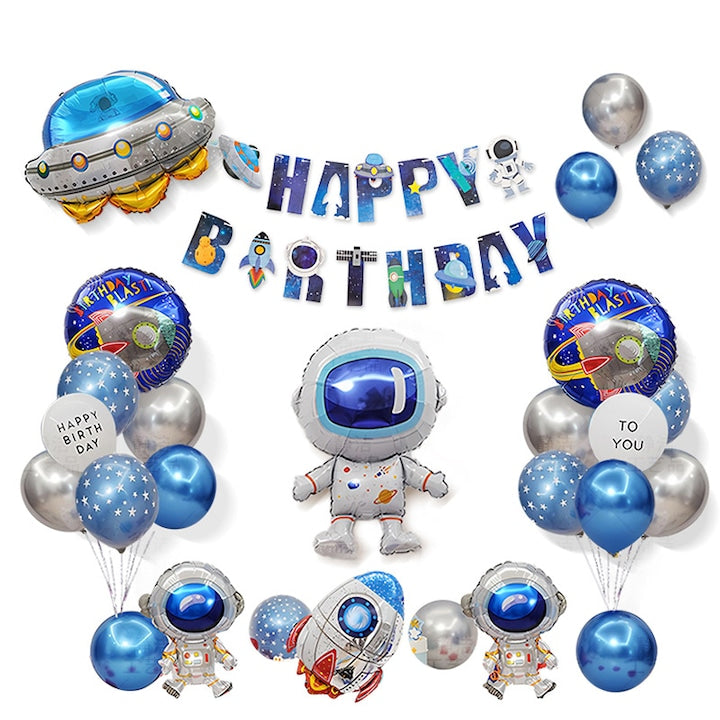 34-Piece Space Cosmos Theme Kids Birthday Party Balloon Set - Astronaut, Rocket, Flying Saucer, Happy Birthday Banner + Latex Balloons