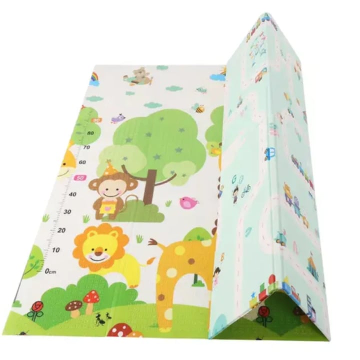 Covor de joaca termic girafa si tren 200 X 150 X 1.5 cm  Simply Joy  pliabil  antiderapant  educativ si interactiv cu doua fete  extra gros  protectie impotriva loviturilor  pentru fete si baieti