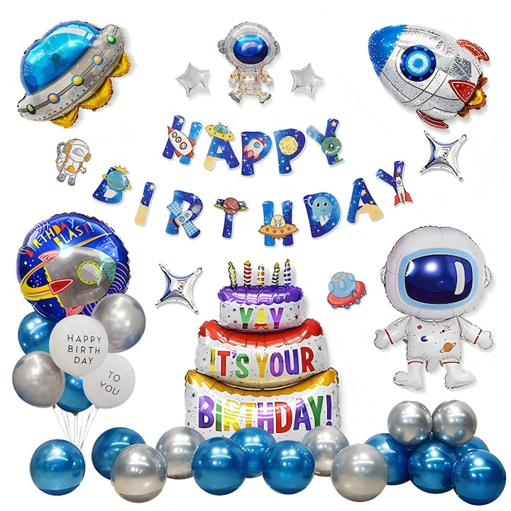 Set Baloane Petrecere Copii Tema Spatiu 40 Piese - Balon Folie Tort Mare  Astronaut  Racheta  Farfurie Zburatoare + Banner La Multi Ani