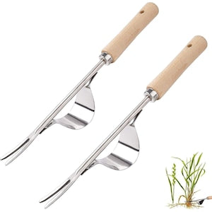 Handheld weeding tool, stainless steel weeding hoe with wooden handle, curved V-shaped tip for root removal, silver/beige, 2 pieces