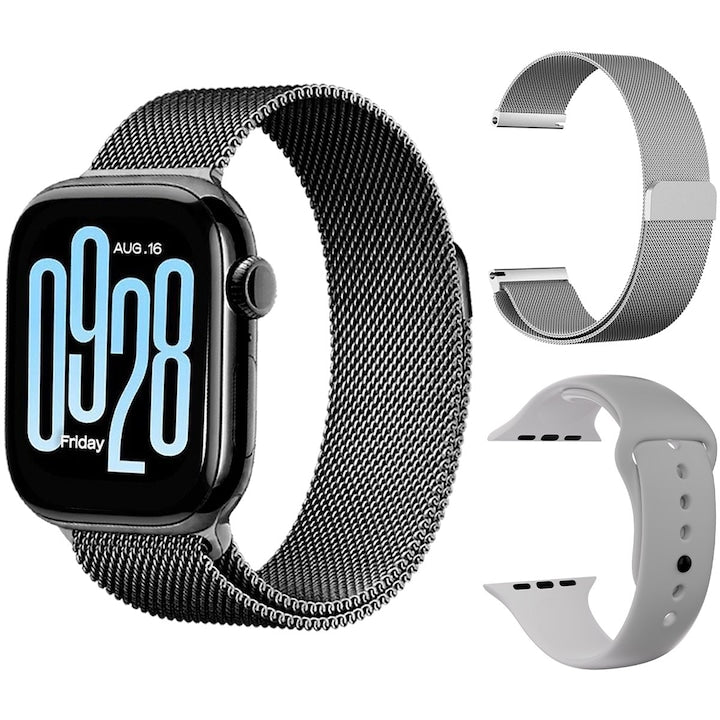 Smartwatch  Ecran HD de 2 09 inch  fitness  sport  durabilitate  cadran digital inteligent  pentru barbati si femei  apeluri/notificari Bluetooth  monitorizare somnului  interfata in limba romana  compatibil cu iOS si Android  cu 2 braturi  negru