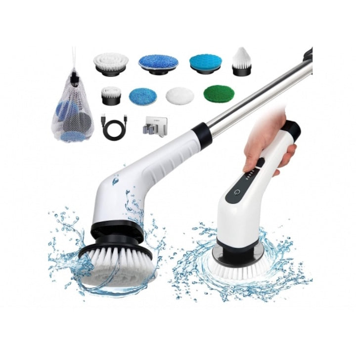 Perie electrica rotativa pentru curatare  cu 8 capete detasabile si maner extensibil  baterie reincarcabila si functionalitate fara fir pana la 3h  pentru diverse suprafete  420 RPM  Alb
