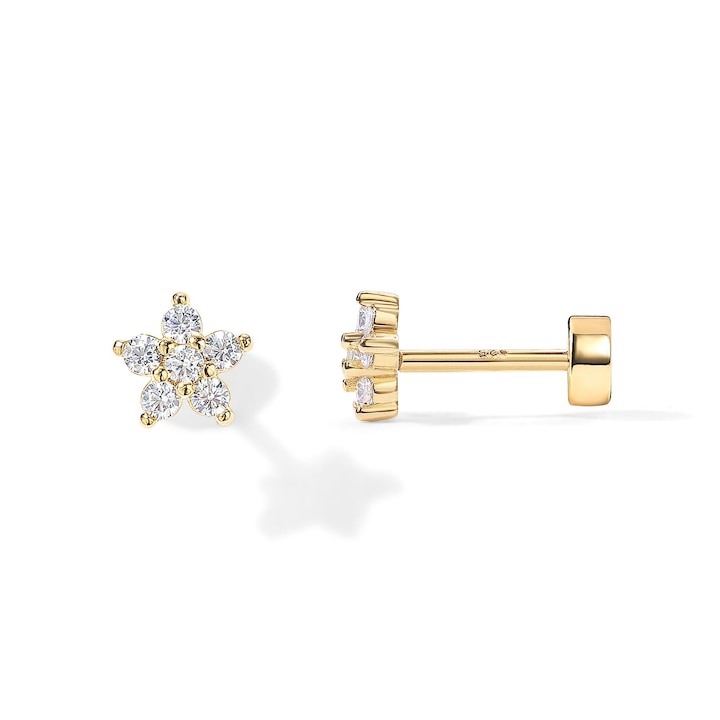 OEM - Cercei stud floare  placati cu aur 14K  argint 925  zirconiu  hipoalergenici  auriu  4.5x4.5cm