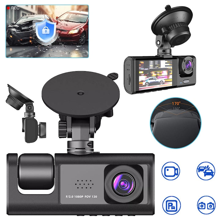 Dual FHD 1080P Car DVR Front and Interior For Cars With Infrared Night Vision Driving Recorder 2" IPS Screen 170° Wide Angle Loop Recording G-Sensor