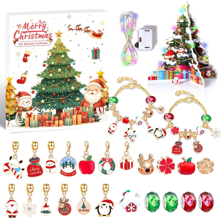 Bratara de Craciun DIY  Kit de confectionare  Include 22 de accesorii cu pietre pretioase  2 bratari  o banda luminoasa LED si un brad de Craciun miniatural  17x20x1.3cm  care serveste atat ca bratara  cat si ca decoratiune pentru bradul de Craciun