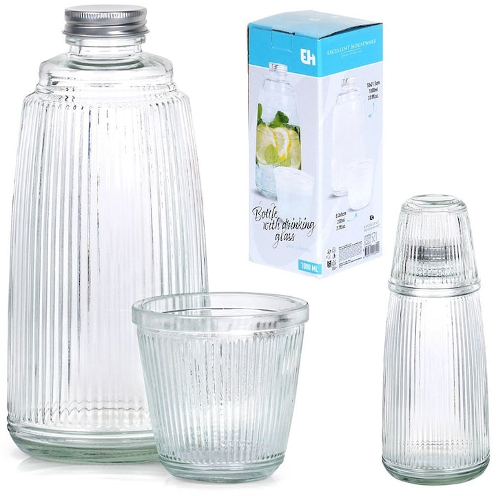 Set Carafa Cu Pahar  Excellent Houseware  9.5x21.5x8.5 cm  Sticla  Carafa Cu Capac  Usor De Curatat  Transparent  2 Piese