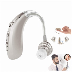 Behind-the-Ear Hearing Aid Sound Amplifier 132dB Moderate-to-Severe Hearing Loss Low-Frequency Noise Reduction 50-hour Battery Life 360° Rotation Left and Right Ear Compatible Hearing Assistance Silver