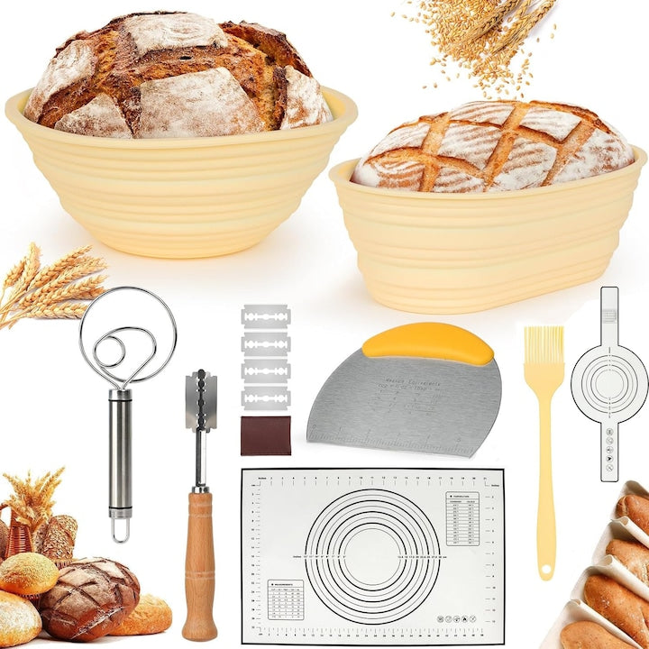 CHOOLY Bread Proofing Basket Set - 2 Round Baskets 23cm and Oval Baskets 25cm, Silicone Accessories, Yellow