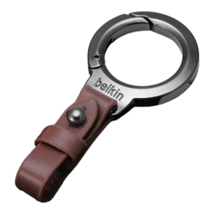 Metal Keyring with Carabiner Double attachment, metal and faux leather Brown