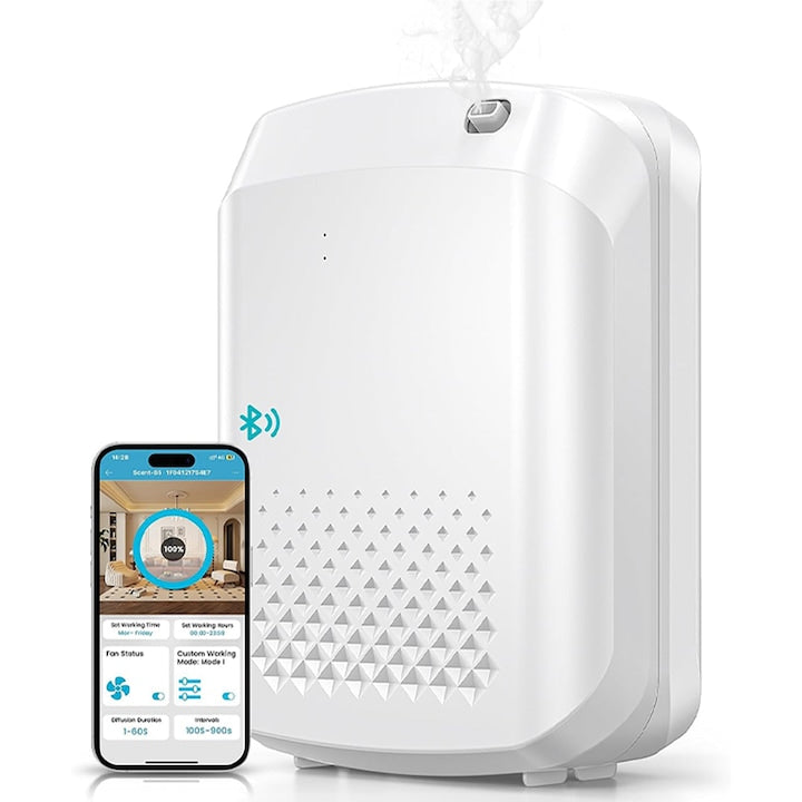 Difuzor de aroma  Rqiurpn  Control Smart prin Aplicatie  Bluethoot  Wireless  400ml  Odorizant Premium  Parfum Concentrat  Acoperire 200m patrati  Temporizator  Atomizare silentioasa  Pentru aromatizare birou  hotel  salon  locuinta  sala de sport  Alb