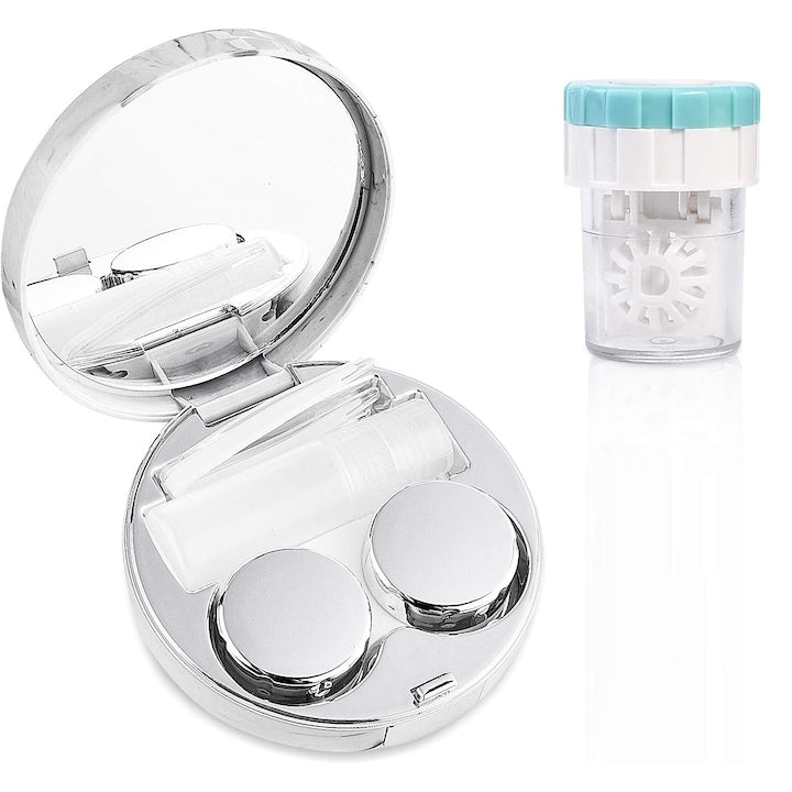 Contact lens applicator in accessory case, with cleaning gasket, portable, Silver