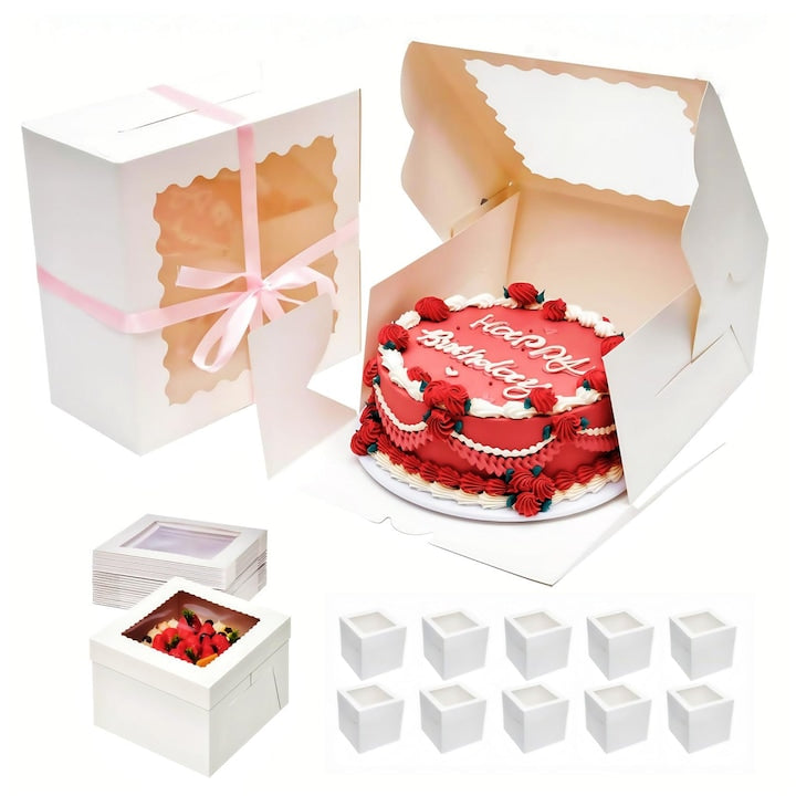 Set 10 cutii tort  Cutie tort inalta cu capac si fereastra  Cutie tort inalta  cu fereastra transparenta  din carton  pentru prajituri  torturi  fursecuri  petreceri  20x20x20cm  Alb
