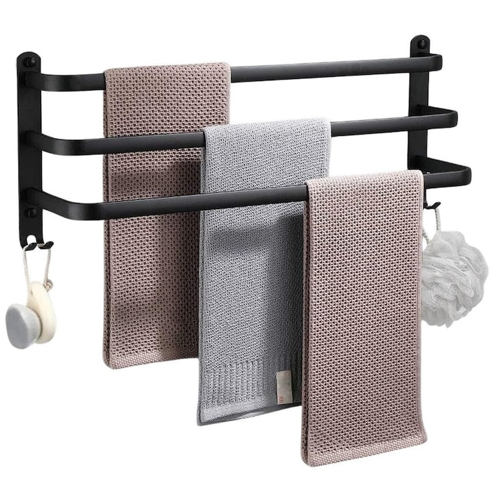 Suport Pentru Prosoape  Vilde  60x15x23 cm  Aluminiu  Negru Mat  Triplu Cu Carlige  Montaj Usor  Negru