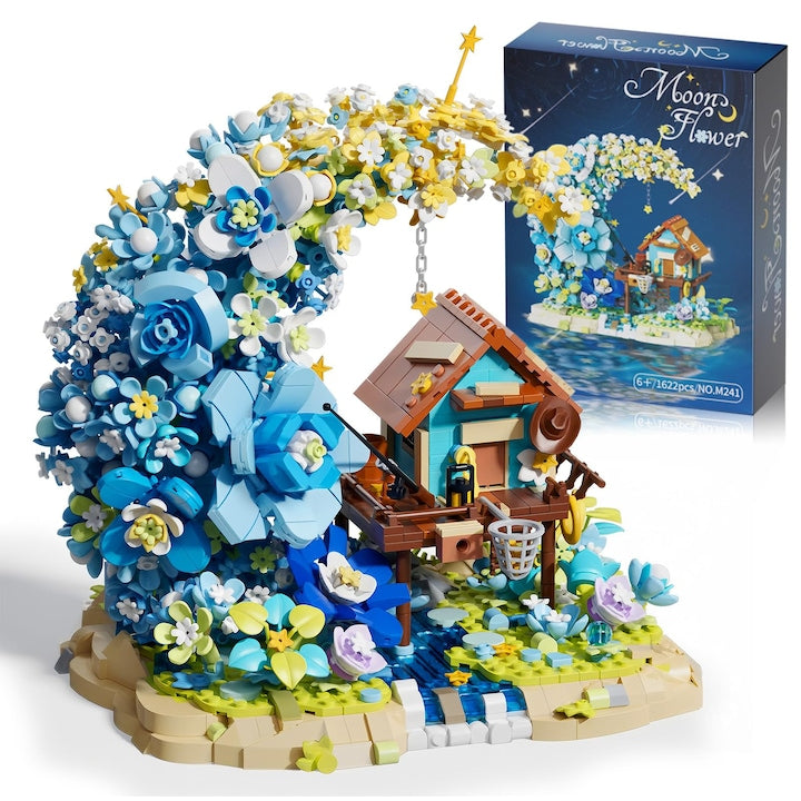 WALALLA Building Kit Mini Bricks with Moon Flowers, Fairy Cottage and Blue Flower Bouquet, with LED Light String, Botanical Collection Set with Mini Building Blocks, Unique Home Decor, Gift for Friends and Family, 1622 Pieces