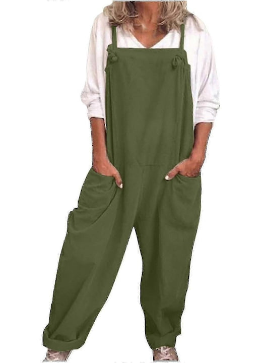 OEM - Women's casual wide jumpsuit, cotton and linen, green, with pockets, sleeveless, 3XL INT, 12 interest-free installments