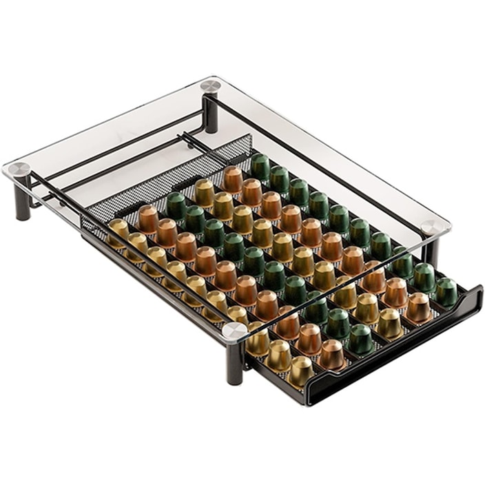 Organizator capsule Nespresso  Rqiurpn  60 capsule  sticla temperata Metal  30 x 40 x 6 5 cm  Negru