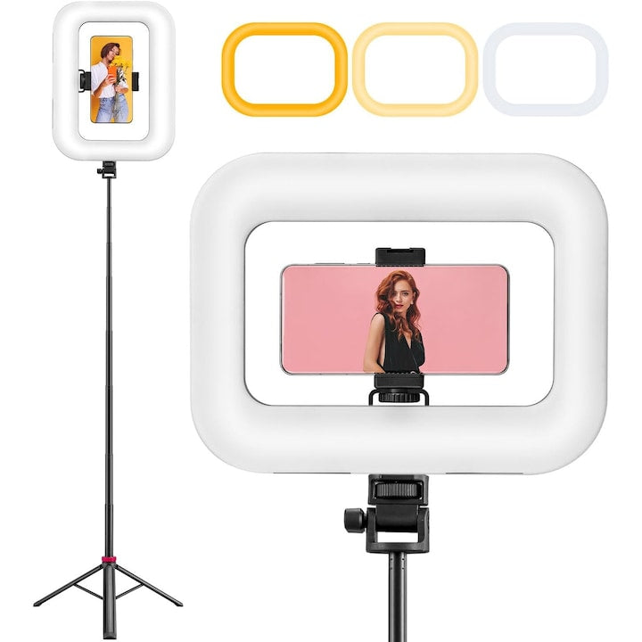 Inel luminos video pentru telefon cu trepied de 210 cm  baterie incorporata de 8000 mAh si suport pentru smartphone  lumini 2700K-6500K pentru camera  YouTube  vlogging  filmare si vlogging  Alb