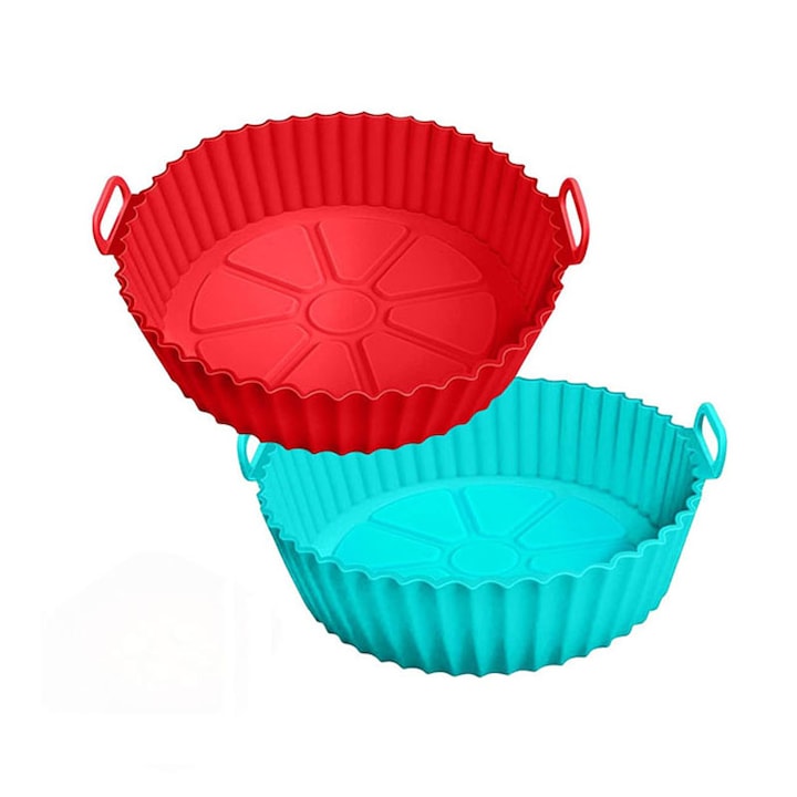 Set 2 tavi AirFryer  Rqiurpn  Poate fi reutilizat si usor de curatat  20x17x5cm  Silicon  Albastru/Rosu