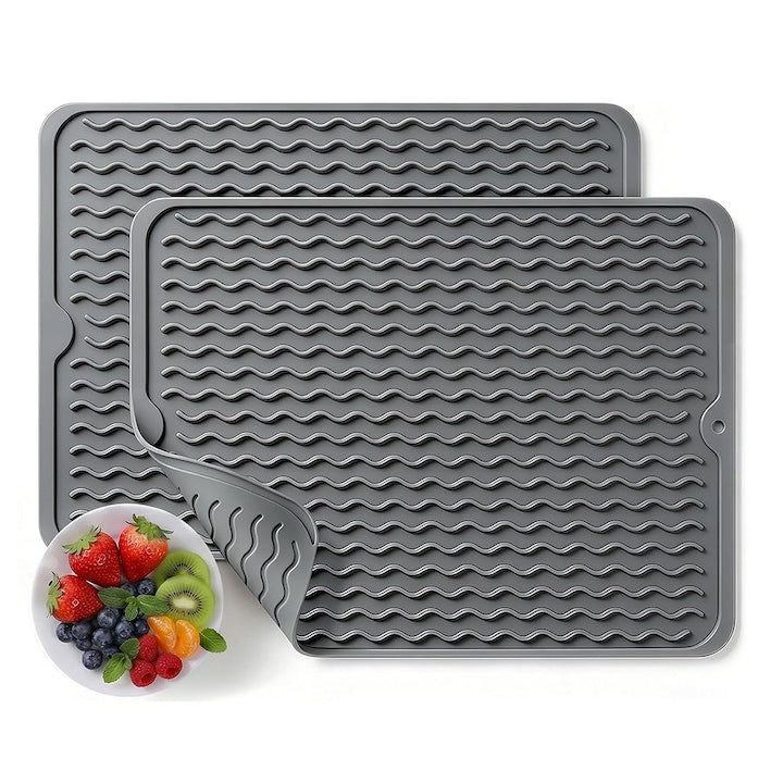 Set 2 Covorase Silicon 40x30 cm – Scurgere & Uscare Vase  Model Valuri  Antiderapant  Flexibil  Reutilizabil  Gri