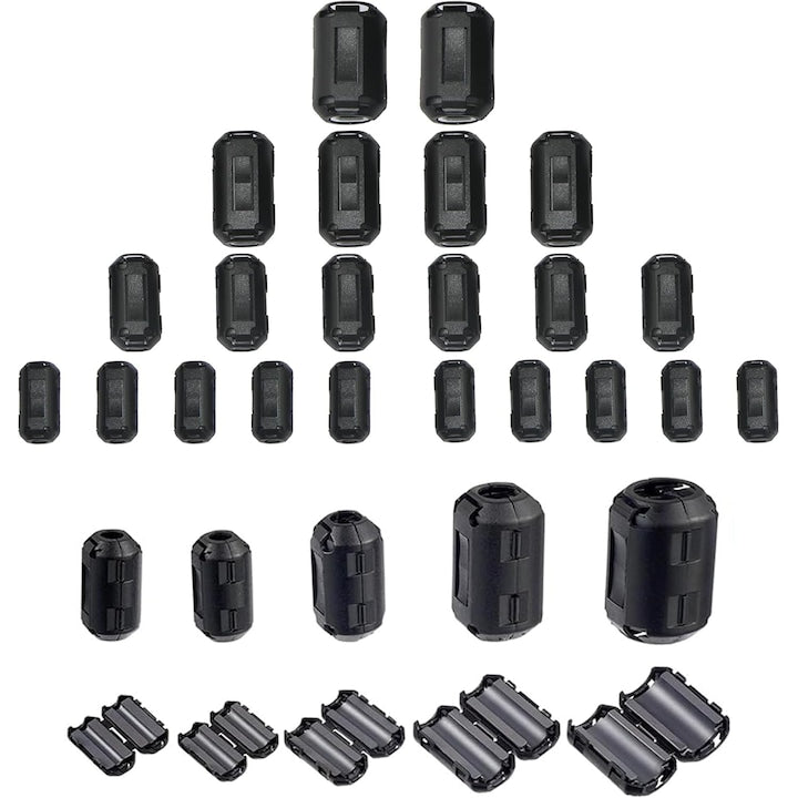 Set of 22 PsAyl Clips, Electromagnetic Interference Reduction, Black, 3.5x5x7x9x13mm