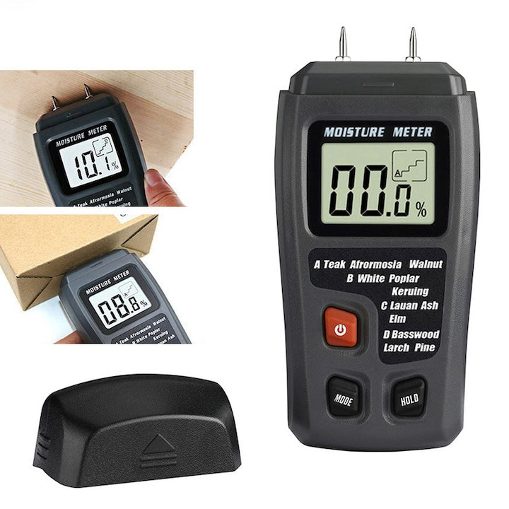Echipament profesional pentru detectarea continutului de umiditate in lemn  gips-carton si alte materiale similare (aparat de masurat umiditatea)  ZOUN  alimentat cu baterii  4 moduri de masurare  interval larg de masurare  afisaj LCD  negru