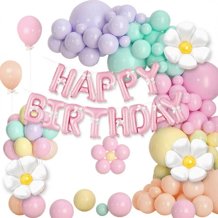 Set Arcada Baloane Petrecere 111 Piese Tema Macaron Dulce - Banner La Multi Ani 13 Litere Roz  13 Fundite Albe  Baloane Multicolor + Kit Complet