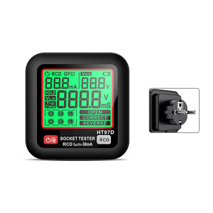 Tester de prize  testare cablaj si tensiune AC  buton test RCD  retinere date  oprire automata  afisaj retroiluminat  OUYLAF  Negru