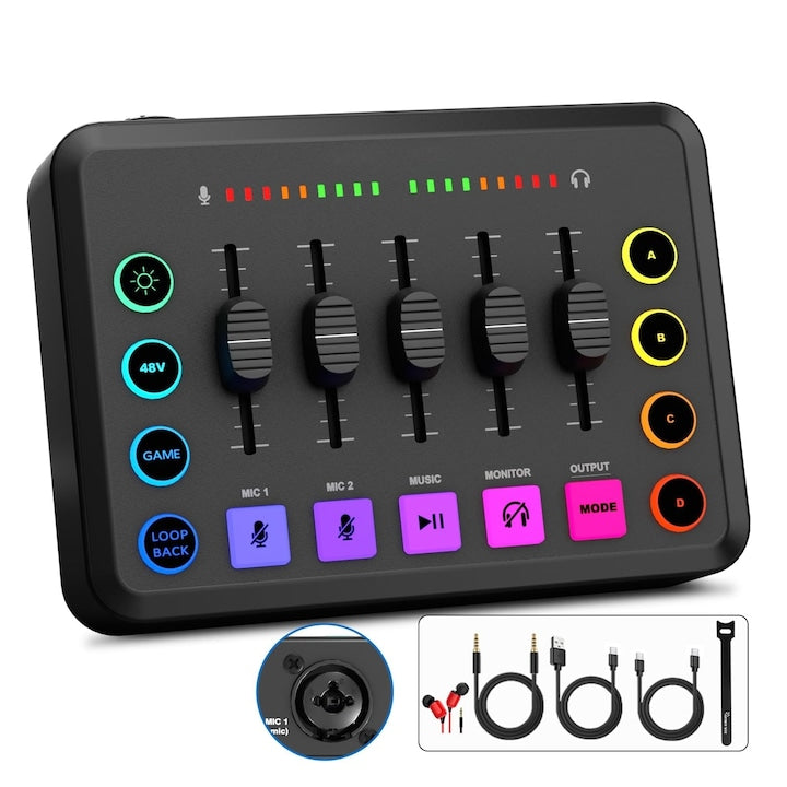 Audio Mixer for Gaming RGB Streaming Mixer with XLR Microphone Interface Audio Fader Monitoring 48V Phantom Power for PC/Phone/Streaming/Recording/TikTok WALALLA F9 Black