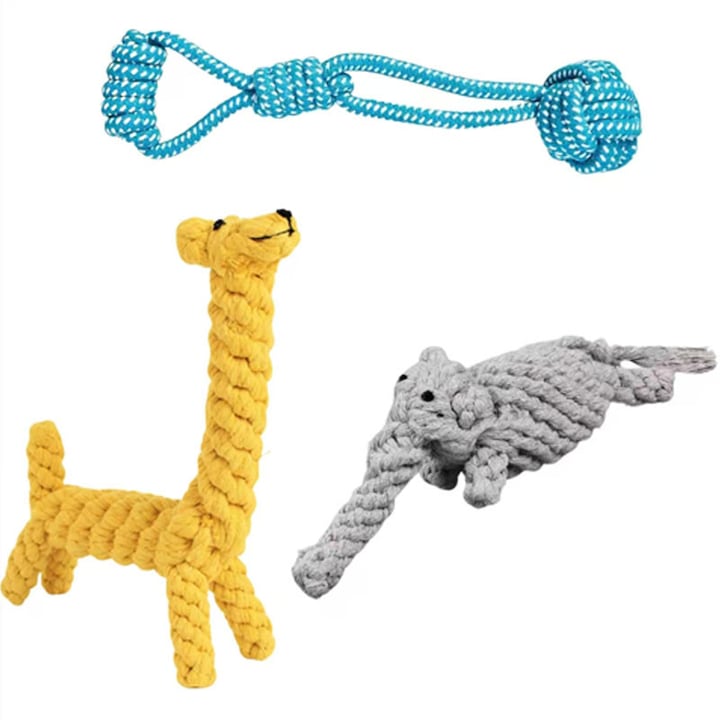 Set 3 jucarii pentru caini  Omelivon  design elefant si girafa  100% bumbac  dimensiuni 9.4"x3" si 10"x3"  pentru caini mici si medii