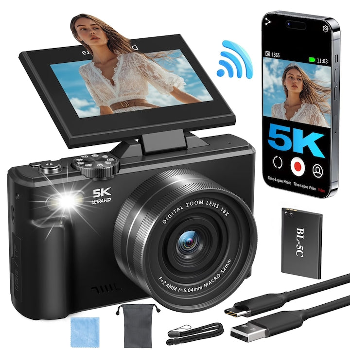 LikeSmart 5k Ultra HD Digital Camera, 3" 180° Reversible IPS Screen, 75MPx, 18x Digital Zoom, WiFi, 1150 mAh Battery, Cleaning Cloth, Hand Strap, USB Type-C Cable, Storage Case