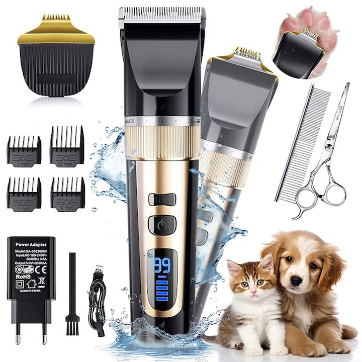 Masina de tuns animale Xenomo® GROOM PRO  pentru caini si pisici  Lama ceramica cu 33 dinti  Afisaj Digital  Acumulator 3350 mAH  Silentioasa  Fara fir