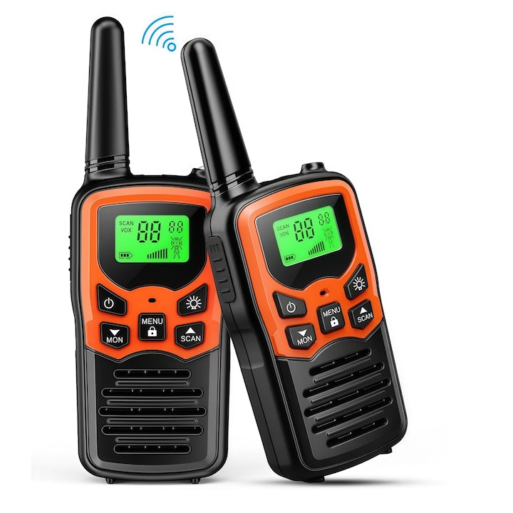 2x Portable Radio Station Set 2 walkie talkies 22 FRS Channels Backlit LCD Screen Communication Range up to 8 Km 2.5mm Jack Flashlight 10 Call Tones 2 Radio Frequencies FCC ID 2ASV6-T5A VOX 3 Modes orange