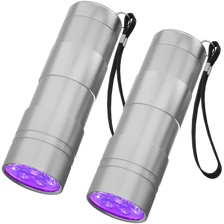 Lanterna UV LED-uri  Rqiurpn  12 LED  395nm  detector urina caini  compacta  portabila  impermeabila  argintiu