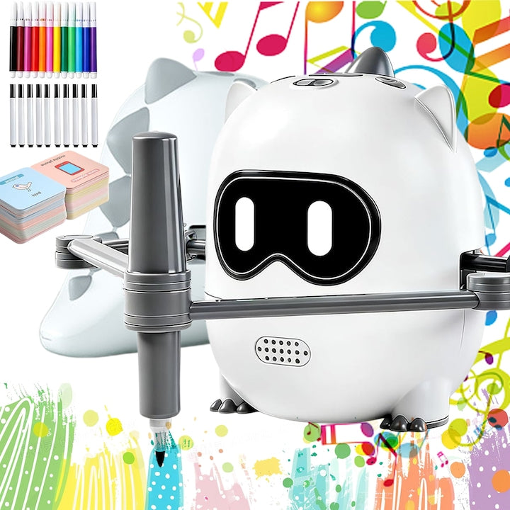 Robot de Desen Pentru Copii  Swejah  Scanare cu Camera  voce interactiva si muzica  Jucarie Educativa Inteligent cu 100 de Carduri  12 Pixuri Colorate si 10 Pixuri Compatibile  Cadou pentru Copii de 3+ Ani  Alb