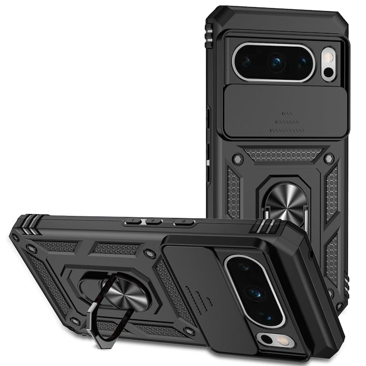Phone case for Google Pixel 8 Pro Sliding camera lens cover 360° rotating ring Black