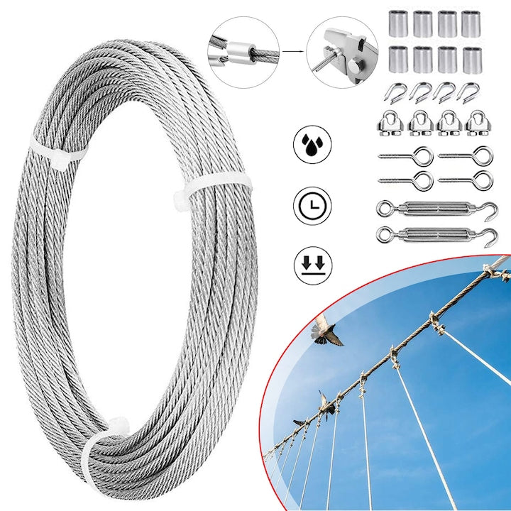 3mm 15m Stainless Steel Cable Kit with M6 Turnbuckle, Garden Accessories