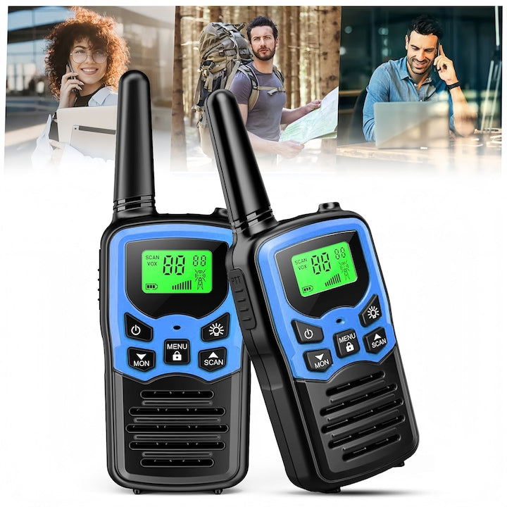 Set of 2 Portable Radios, 2 Walkie Talkies, 22 FRS Channels, Backlit LCD Screen, Communication Range up to 8 Km, 2.5mm Jack, Flashlight, 10 Ring Tones, 2 FCC ID Radio Frequencies: 2ASV6-T5A, VOX 3 Modes, Blue