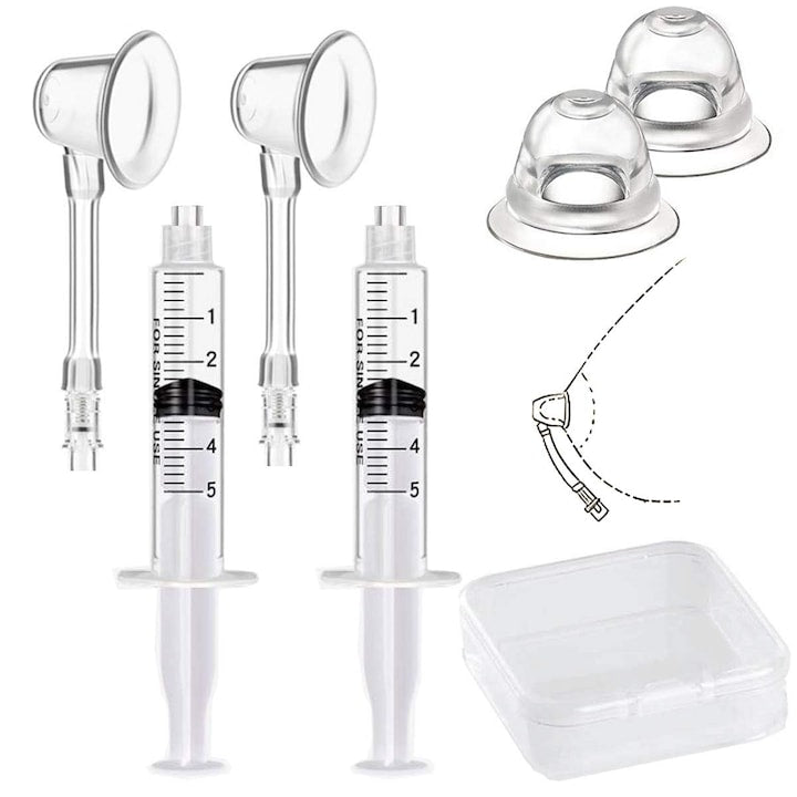 Nipple Corrector, 4 pcs and 2 syringes, Suitable for Flat Nipples, Silicone/Plastic, Transparent