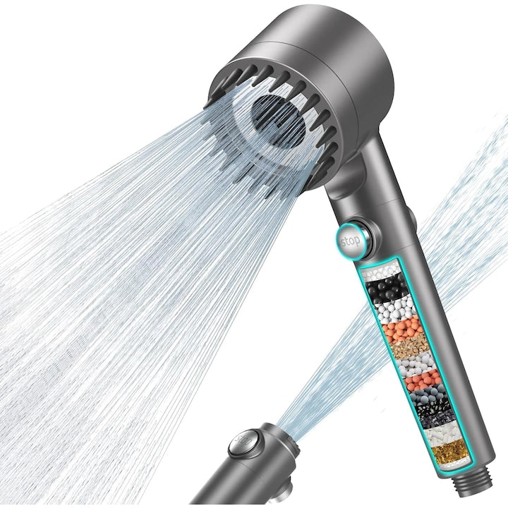 Para de dus cu filtru de apa  15 straturi  3+1 functii  presiune ridicata  furtun 1.5 m si suport de baza  OUYLAF  Gri
