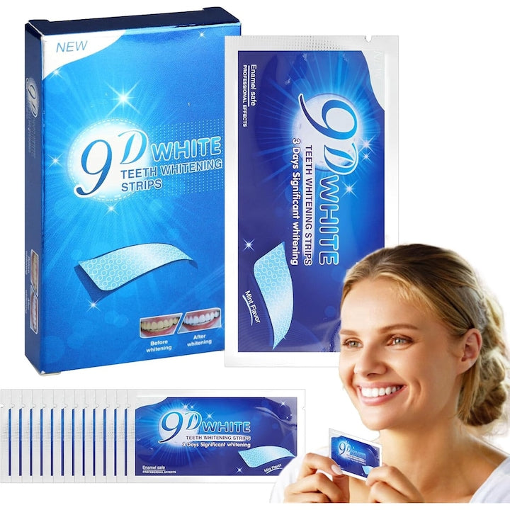 Set Benzi Albire Dinti  9D  curata dintii in siguranta  indeparteaza petele pentru cafea  vin  tutun  Transparent  Cutie 14 Plicuri (28 Benzi)