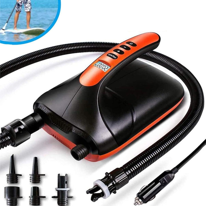 Electric SUP Pump, Rqiurpn, 20PSI Pressure, LCD Screen, 12V Car Cable, Dual Inflation and Deflation Function, Portable Design, For Paddleboards, Boats, Kayaks
