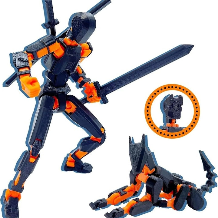 Jucarie robot articulata imprimata 3D  ZOUN  DIY  cu articulatii multiple  14 cm  negru/portocaliu
