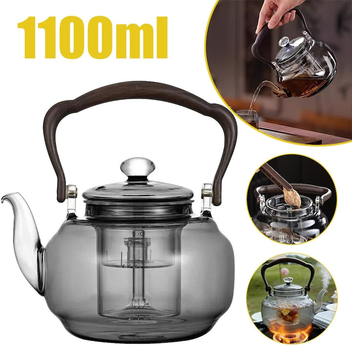 Glass Teapot, 1100 ml Borosilicate Glass Tea Kettle with Lid and Removable Infuser, Stovetop and Microwave Safe, Teapot for Loose Leaf and Blooming Tea